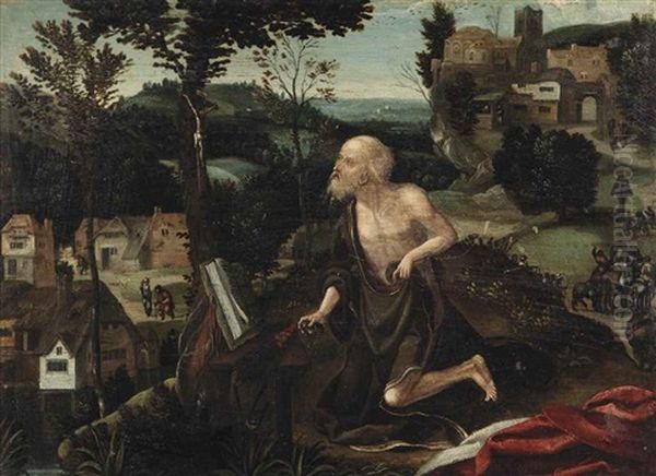 The Penitent Saint Jerome In An Extensive Rocky Landscape Oil Painting by Joachim Patinir