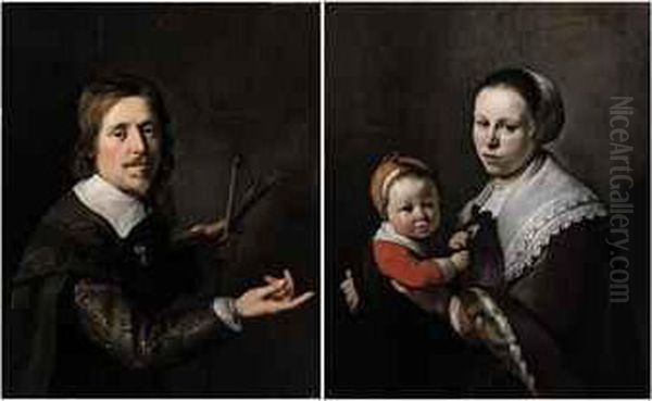 Portrait Of Gijsbert Gillisz. De Hondecoutre (1604-1653),half-length, Holding A Palette And Brushes; And Portrait Of Hiswife Maria Hulstman, Half-length, Holding A Child Oil Painting by Hendrick Bloemaert