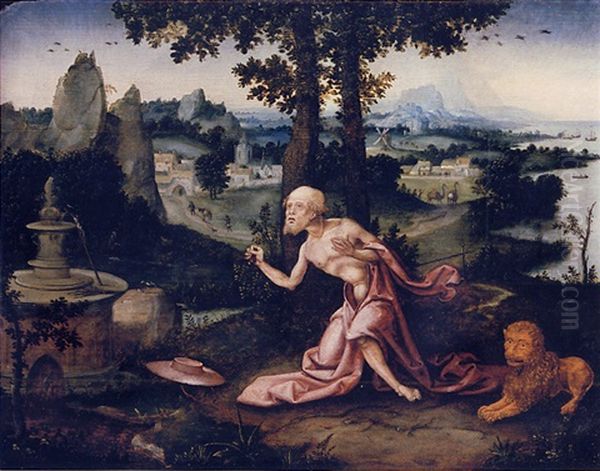 The Penitent Saint Jerome In An Extensive River Landscape Oil Painting by Joachim Patinir