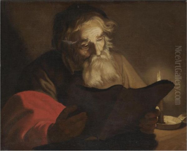 A Male Figure Reading By Candlelight Oil Painting by Hendrick Bloemaert