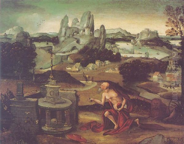 Saint Jerome In Penitence, In An Extensive Rocky Landscape Oil Painting by Joachim Patinir