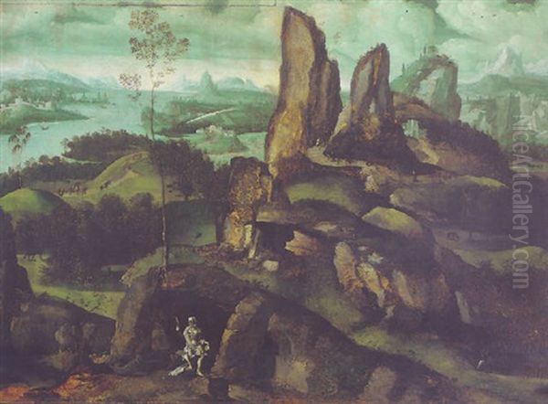 An Extensive Mountainous Landscape With Saint Jerome In His Hermitage, A Coastal Town Beyond by Joachim Patinir