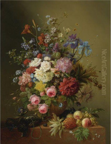 A Still Life Of Roses, Peonies, Irises And Other Flowers In Aterracotta Vase On A Ledge With Fruit And A Bird Oil Painting by Arnoldus Bloemers