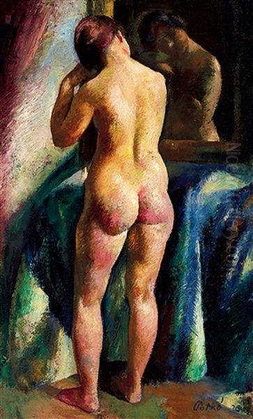 Nude Combing Hair In Front Of A Mirror Oil Painting by Karoly Patko