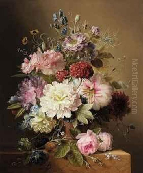 Still Life With Peonies, Rhodedendran, Auricula, Roses, And Summerflowers, In An Urn, On A Marble Ledge Oil Painting by Arnoldus Bloemers