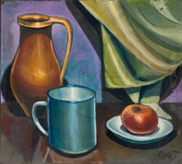 Still Life With An Apple And Jug (+ Portrait Of A Man; Verso) by Karoly Patko