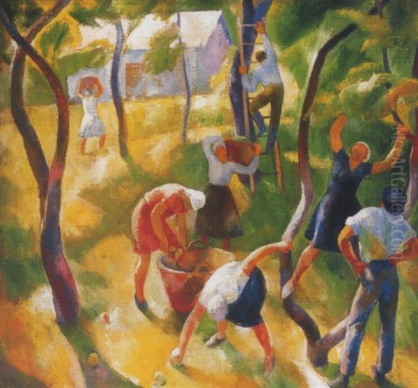 Gyumolcsszedok (grape Harvesting) Oil Painting by Karoly Patko