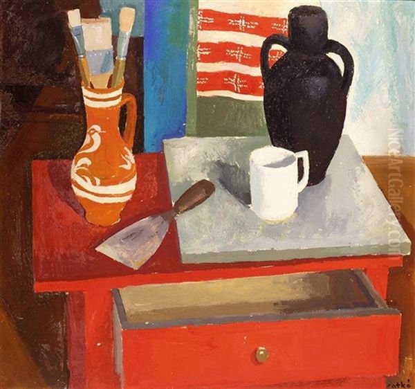 Still Life With Paintbrushes And Spatula Oil Painting by Karoly Patko