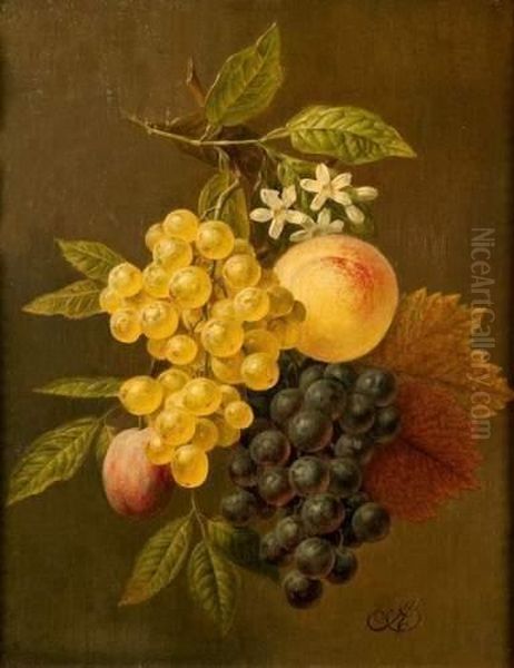 Nature Morte Aux Peches, Raisins, Fleurs Et Feuillages Oil Painting by Arnoldus Bloemers