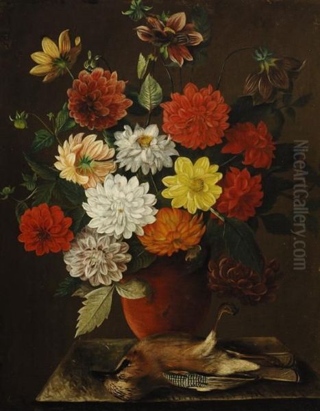 Flower Still Life With A Eurasian Jay Oil Painting by Arnoldus Bloemers