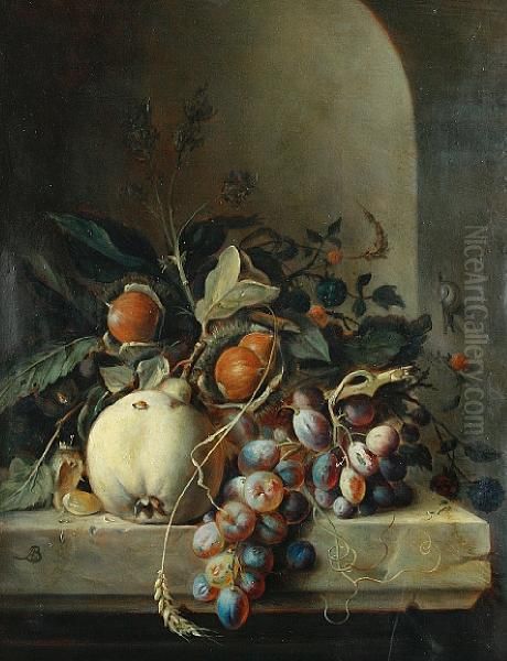 Chestnuts, A Pear, Grapes And Blackberries Ona Stone Ledge Before A Niche Oil Painting by Arnoldus Bloemers