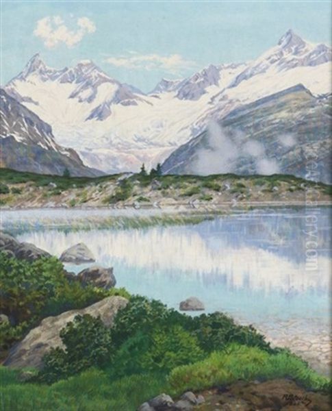 Am Grunsee. Im Hintergrund Obergabelhorn, Wellenkuppe Und Zinalrothorn Oil Painting by Remo Patocchi