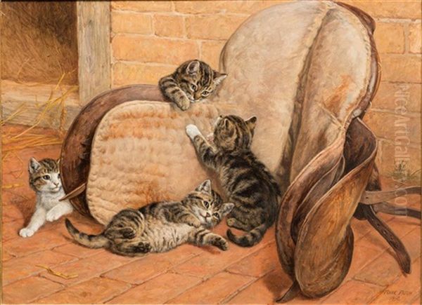 Kittens Playing Around A Saddle Oil Painting by Frank Paton