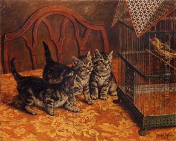 The Recital, Three Kittens Listening To A Canary Oil Painting by Frank Paton