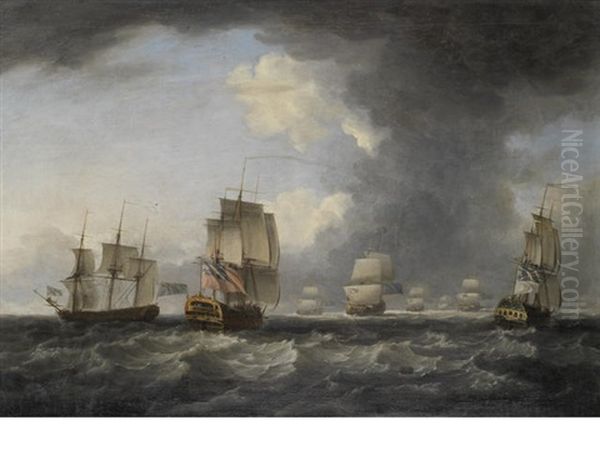 British Frigate And Her French Prize Rejoining The Main Squadron Oil Painting by Richard Paton