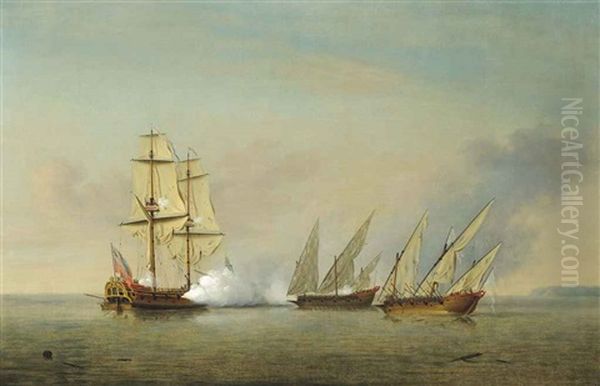 A Royal Navy Sloop, Most Probably H.m.s. Greyhound, In Action With Two Heavily-armed Spanish Galleys Oil Painting by Richard Paton