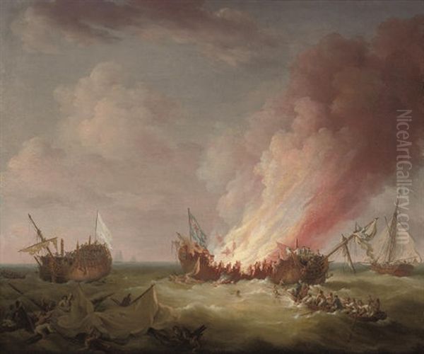 H.m.s. "quebec" Ablaze At The End Of Her Epic Struggle With The French Frigate "surveillante," 1779 Oil Painting by Richard Paton