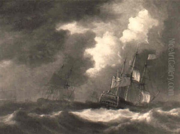 A British Man-o-war And Other Shipping In A Swell Oil Painting by Richard Paton