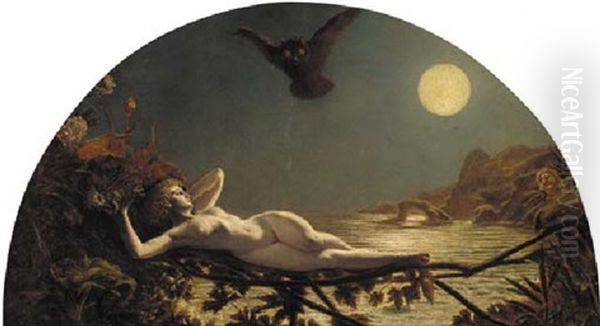 A Female Nude Reclining On A Bough In A Moonlit Landscape Oil Painting by Sir Joseph Noel Paton