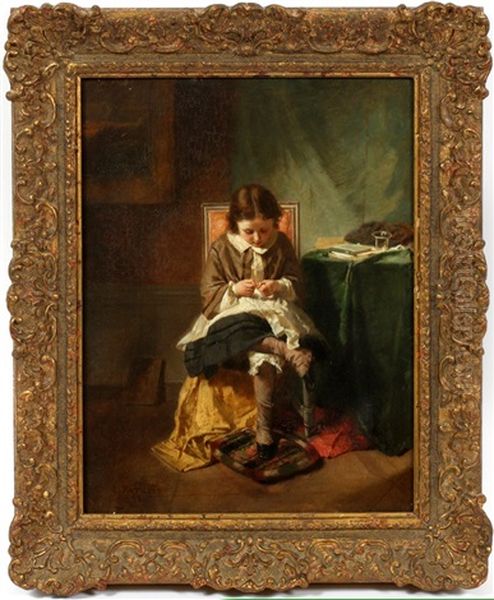 Young Girl Sewing Oil Painting by Isidore Patrois