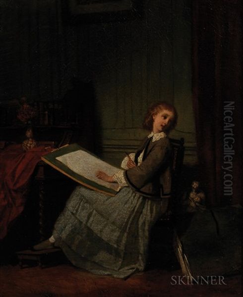 Young Woman Sketching In An Interior Oil Painting by Isidore Patrois