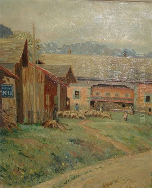 Scene De Village A Pt Bornand Oil Painting by Emile Patru