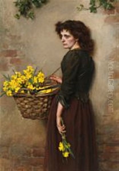 A Flower Girl Oil Painting by Edward Patry