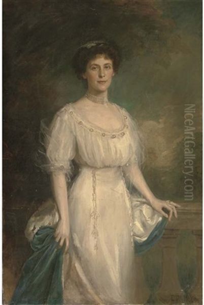 Portrait Of A Lady In A White Dress And Ermin Trimmed Cloak Oil Painting by Edward Patry