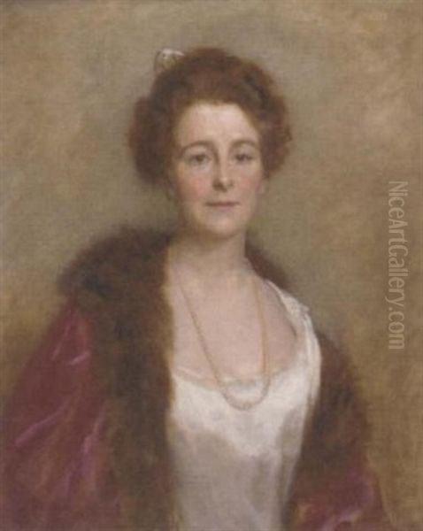 Portrait Of A Lady In A Fur-trimmed Cloak And White Dress Oil Painting by Edward Patry