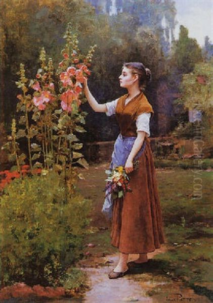 Young Girl Admiring Hollyhocks Oil Painting by Cesar Pattein