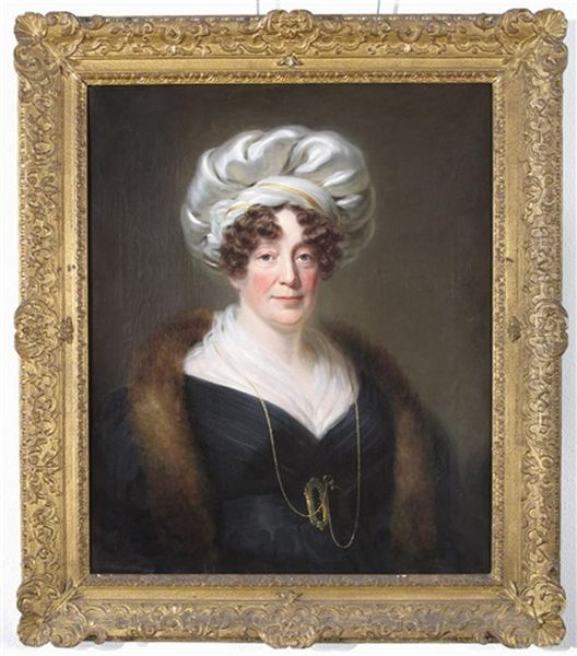 Portrait Of A Lady, Half Length Wearing A Turban And A Fur Stole Oil Painting by William Patten Jr.