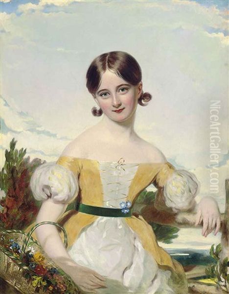 Portrait Of A Young Girl In A Yellow And White Dress, With A Green Sash, Holding A Basket Of Flowers, A Landscape Beyond Oil Painting by William Patten Jr.