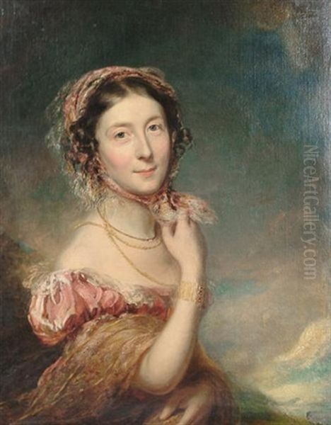 Portrait Of A Lady, Half-length In A Pink Dress And Bonnet Oil Painting by George Patten