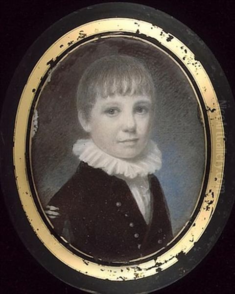 A Young Boy, Wearing Brown Coat With Silver Buttons And Frilled White Collar Oil Painting by George Patten