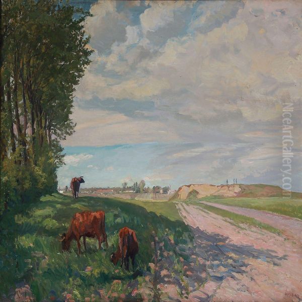 Landscape With Grazing Cows Oil Painting by Gerhard Lichtenberg Blom