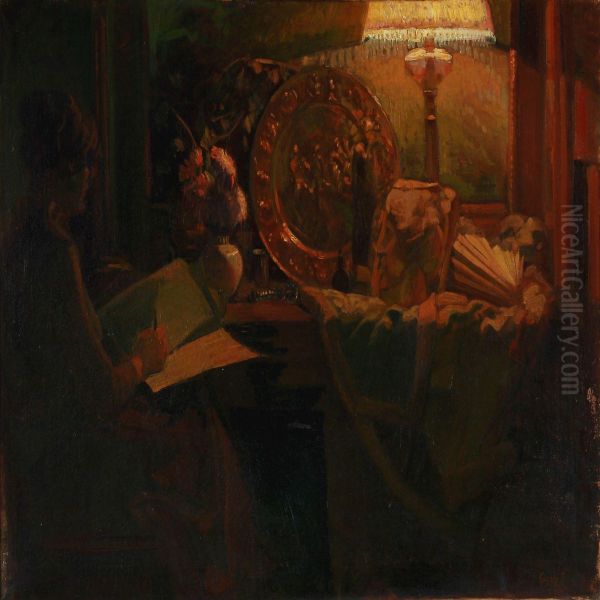 Interior With A Woman Writing Oil Painting by Gerhard Lichtenberg Blom