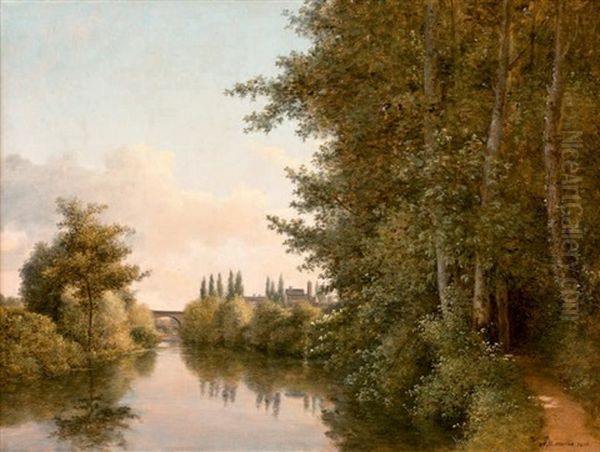 Bord De Riviere, Au Loin La Ville De Mortagne Oil Painting by Alexandre Pau de Saint Martin