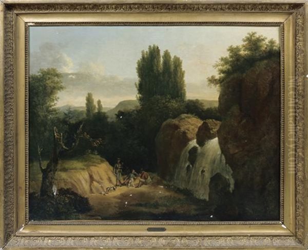 La Halte Des Chasseurs Devant La Cascade Oil Painting by Alexandre Pau de Saint Martin