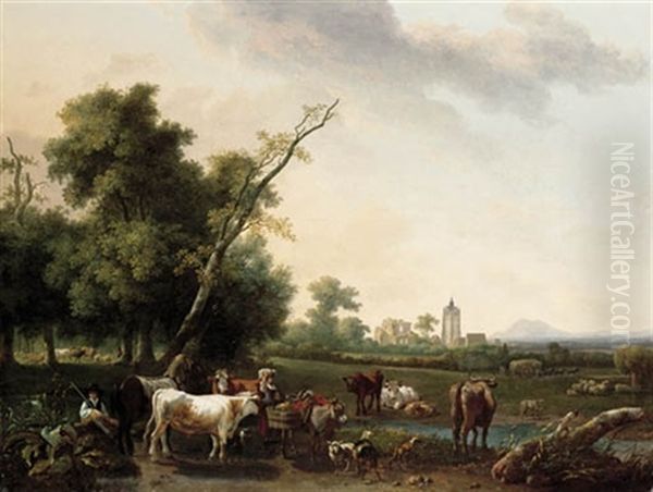 An Extensive Landscape With A Peasant Girl And A Shepherd Resting By A Path, With Cattle Watering At A Stream, A Village Beyond Oil Painting by Alexandre Pau de Saint Martin