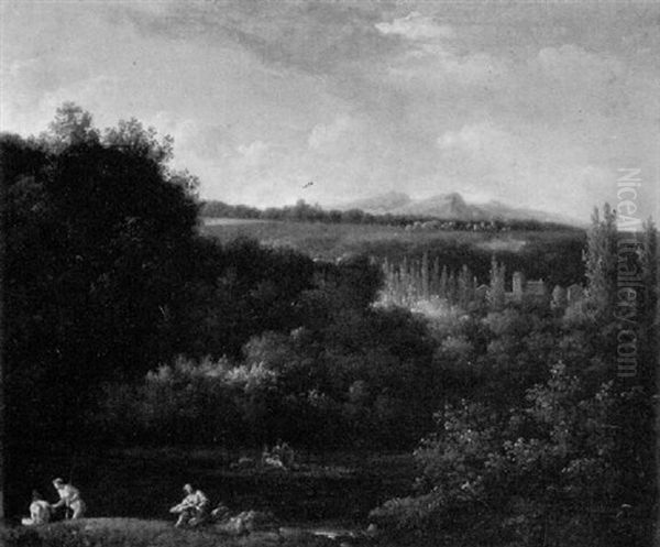 Paysage De Lac Boise Dans La Campagne Italienne Avec Des Baigneurs Oil Painting by Alexandre Pau de Saint Martin