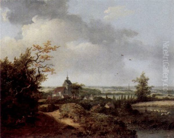 Landschaft Mit Kirchdorf Und Fussgangern Oil Painting by Alexandre Pau de Saint Martin