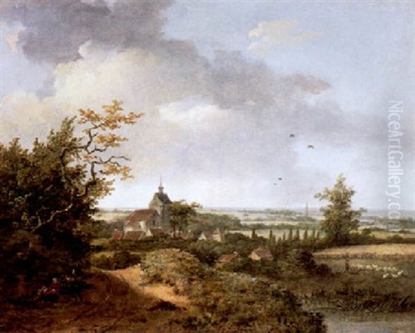 Landschaft Mit Kirchdorf. Im Vordergrund Lagern Fussganger Oil Painting by Alexandre Pau de Saint Martin