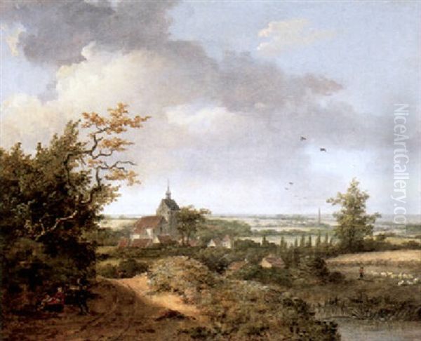 Landschaft Mit Kirchdorf. Im Vordergrund Fussganger Oil Painting by Alexandre Pau de Saint Martin