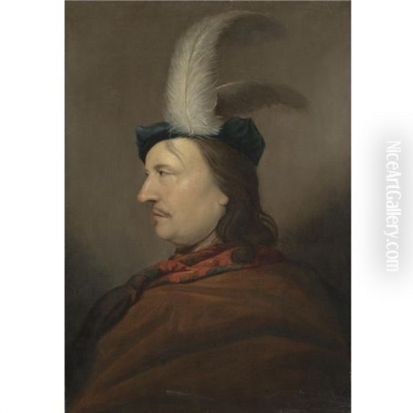 Portrait Of A Gentleman Wearing A Blue Hat With White Feathers And A Brown Cloak With A Red Scarf Oil Painting by Christoph Paudiss