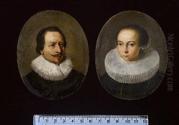 Portraits Of A Lady And Gentleman, Both Wearing Black Doublets And White Ruffs (pair) Oil Painting by Christoph Paudiss