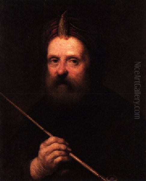 Portrait Of A Bearded Man Wearing A Turban, Holding A Long Clay Pipe Oil Painting by Christoph Paudiss