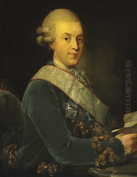 Portrait Of Conrad Holck (1745-1800) In Green-blue Velvet Jacket With Golden Galloons Oil Painting by Erik Pauelsen