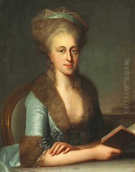 Portrait Of Johanne Charlotte Sophie Zinn, Nee Preisler (1754-1833) In A Blue Silk Dress With Fur Edging Oil Painting by Erik Pauelsen