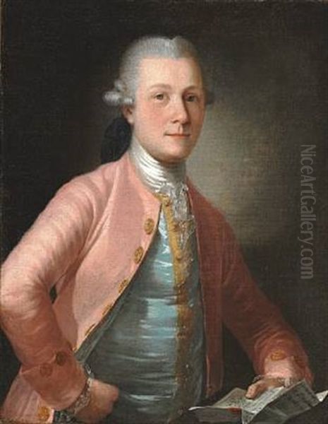 An Elegant Man With A Grey Wig, Blue Waistcoat And Pink Jacket Oil Painting by Erik Pauelsen