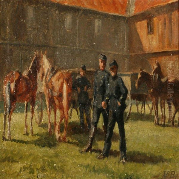 Soldiers And Their Horses At An Estate Oil Painting by Gustav Vilhelm Blom